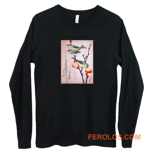 Japanese Art Birds on Peach Tree Blossom Japanese Woodblock Long Sleeve