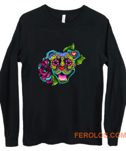 Smiling Pit Bull in Blue Day of the Dead Pitbull Sugar Skull Long Sleeve