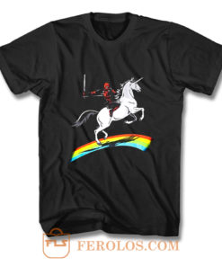 Deadpool Riding a Unicorn on a Rainbow T Shirt