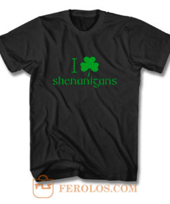 I Love Shenanigans Shamrock Clover Irish T Shirt